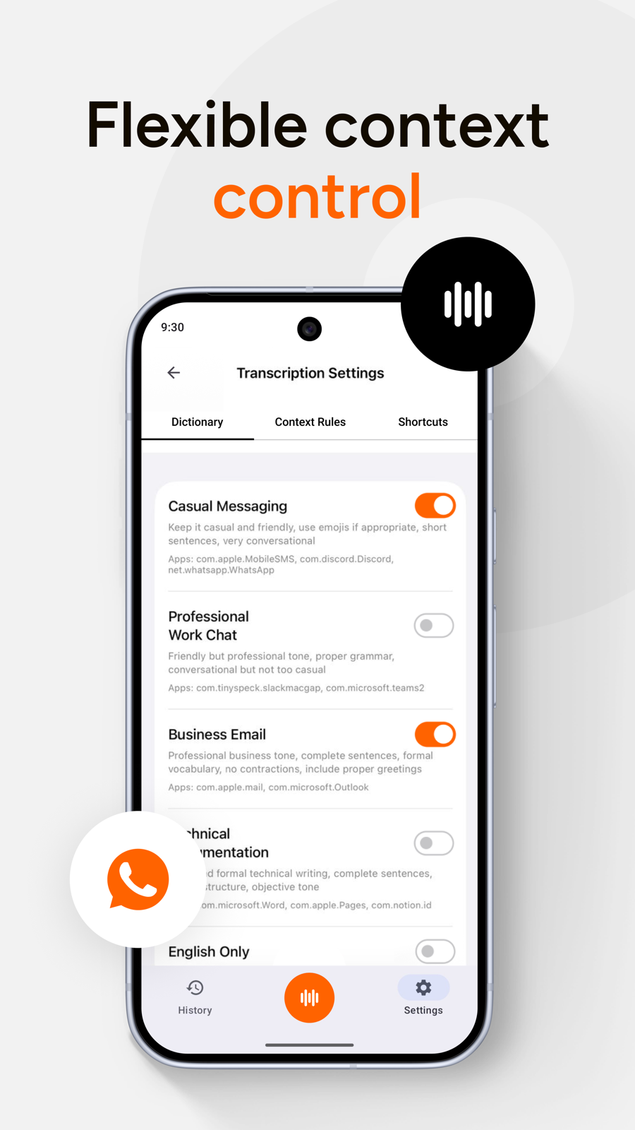 AI Dictation Android screenshot showing flexible context control settings.