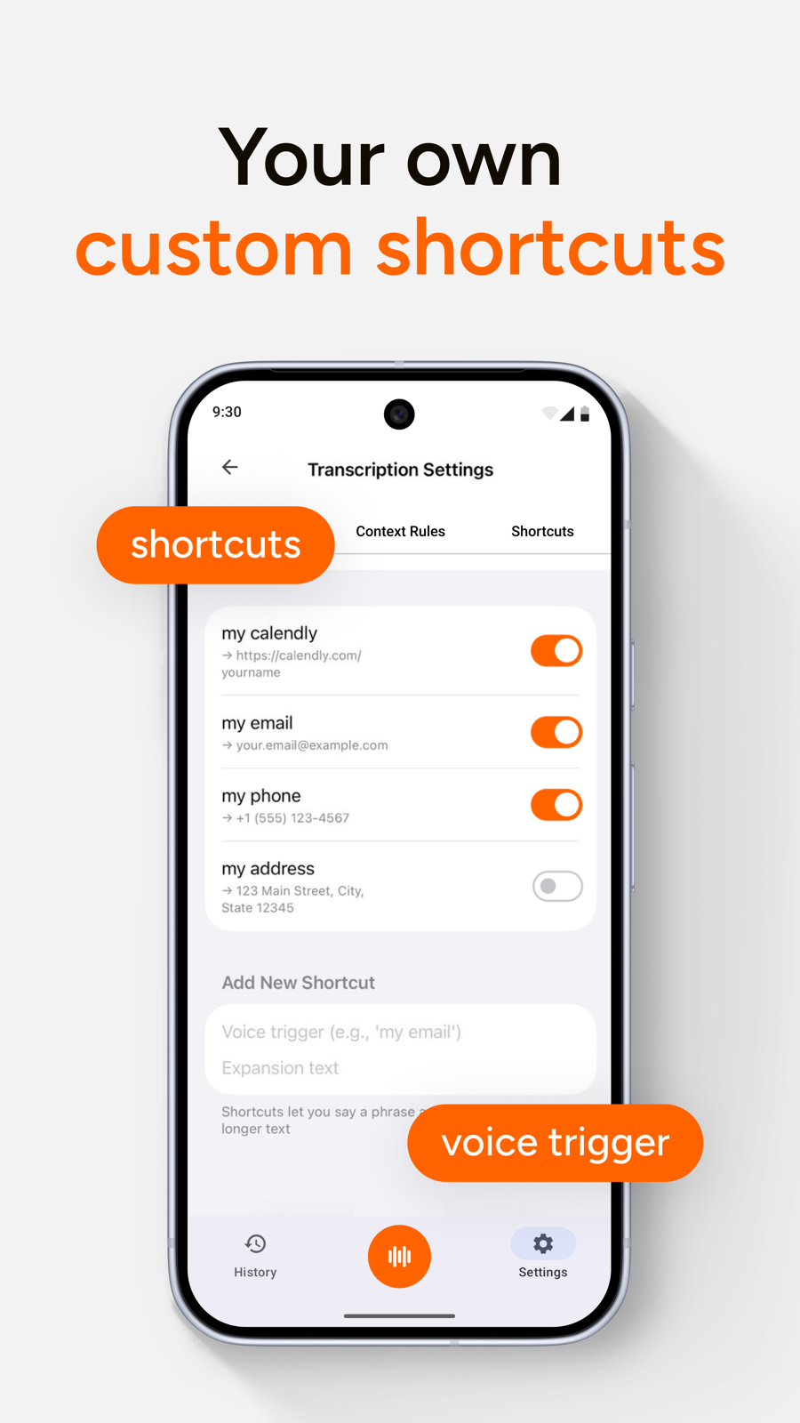 AI Dictation Android screenshot showing custom shortcut voice triggers.