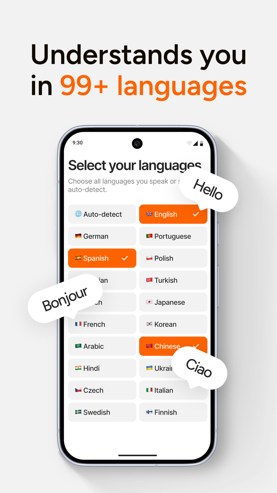 AI Dictation Android screenshot showing language selection for 99+ languages.