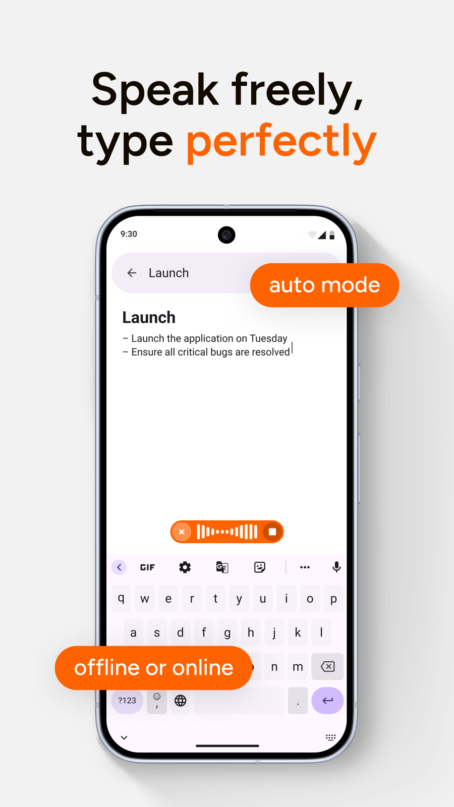 AI Dictation Android screenshot showing polished speech-to-text typing.
