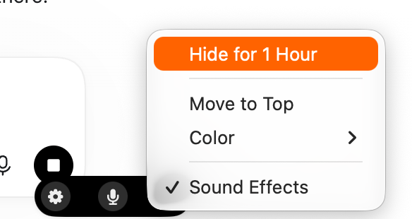 AI Dictation overlay menu with a direct Hide for 1 Hour control