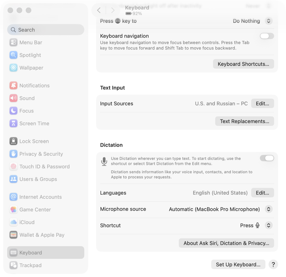 macOS System Settings with Keyboard selected in the sidebar and the Dictation section visible
