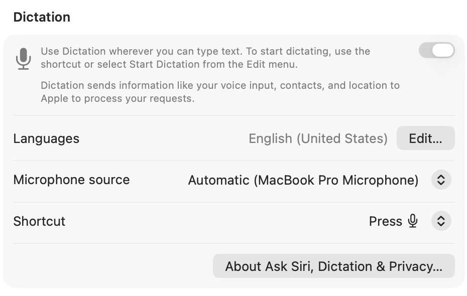 The macOS Dictation settings card showing the toggle, Languages, Microphone source, and Shortcut options
