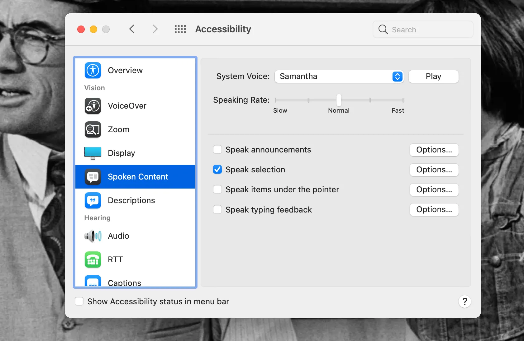 Mac Spoken Content accessibility settings panel