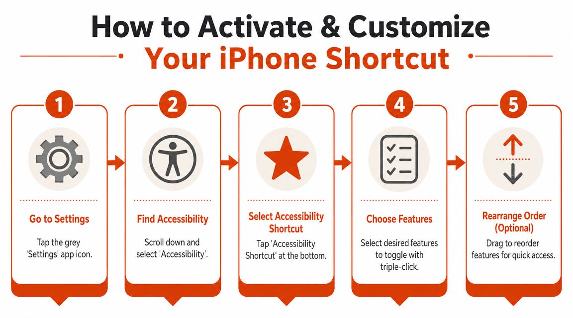 An infographic showing five steps to activate and customize the iPhone accessibility shortcut feature.