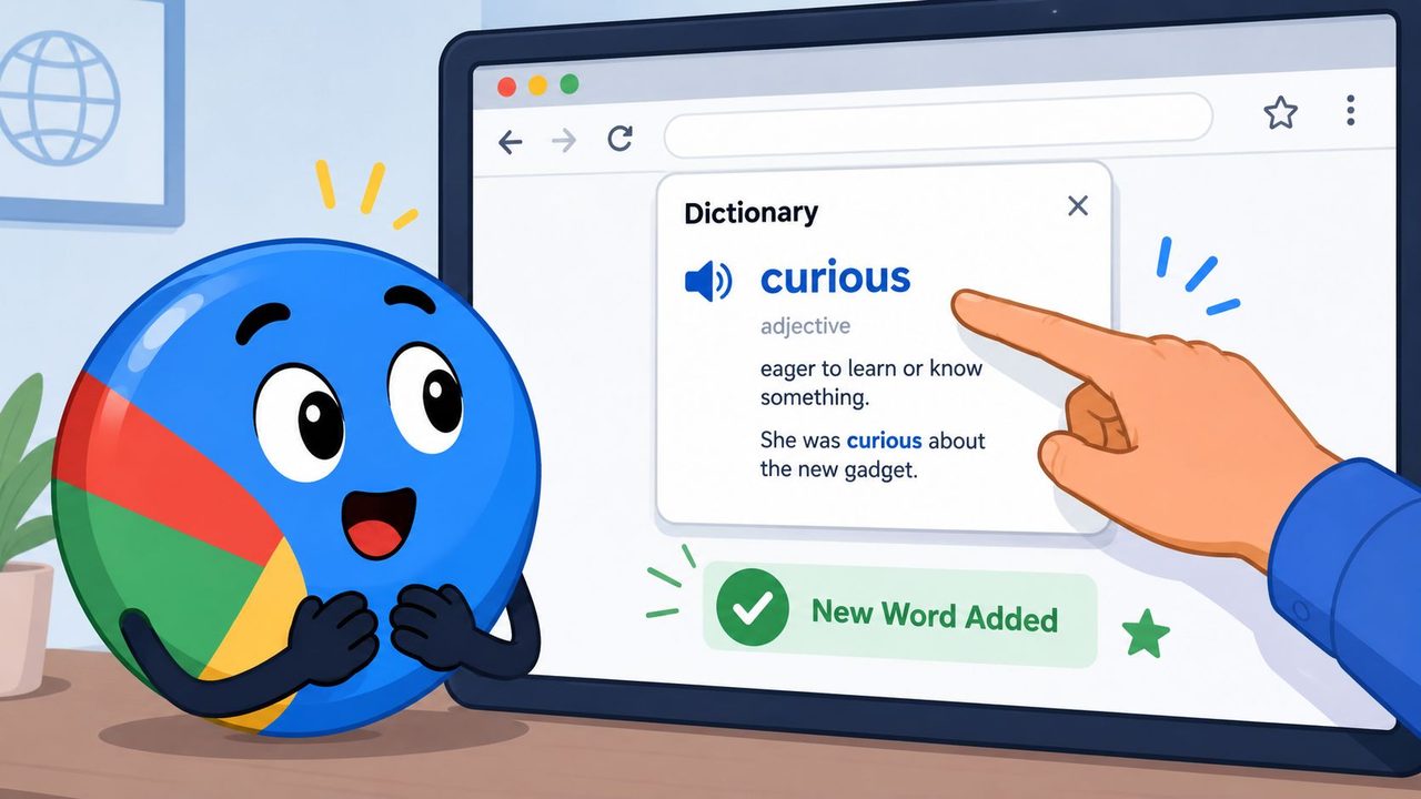 A friendly blue cartoon character reacts happily as a finger points to the word curious in a digital dictionary.