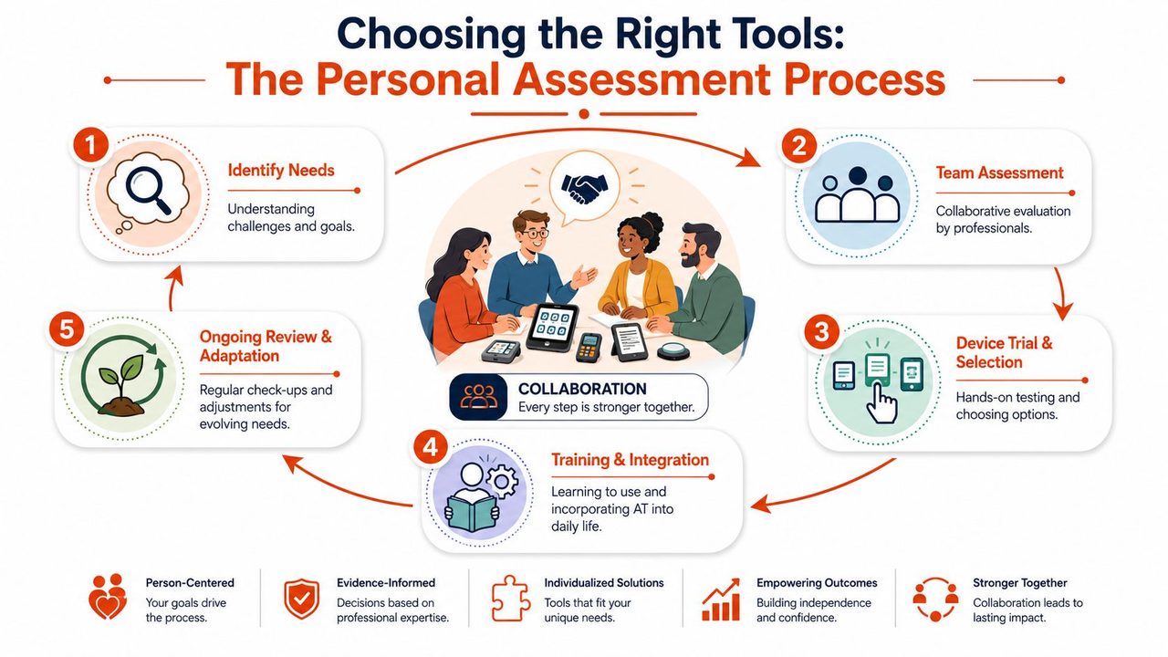 An infographic titled Choosing the Right Tools showing a five-step personal assessment process for assistive technology.