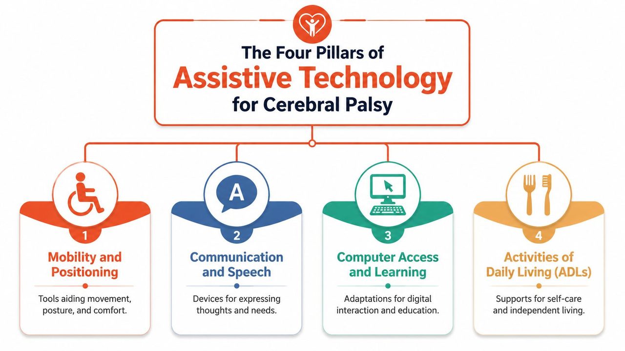 A diagram illustrating the four pillars of assistive technology for cerebral palsy, covering mobility, communication, learning, and ADLs.