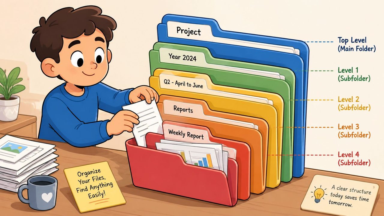 A boy organizes documents into colorful folders labeled by project, year, quarter, and report type.