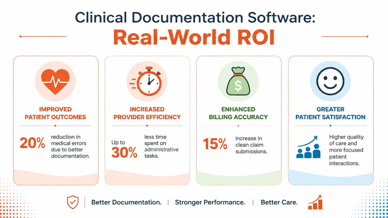An infographic illustrating the real-world ROI of clinical documentation software, including improved efficiency, outcomes, and satisfaction.