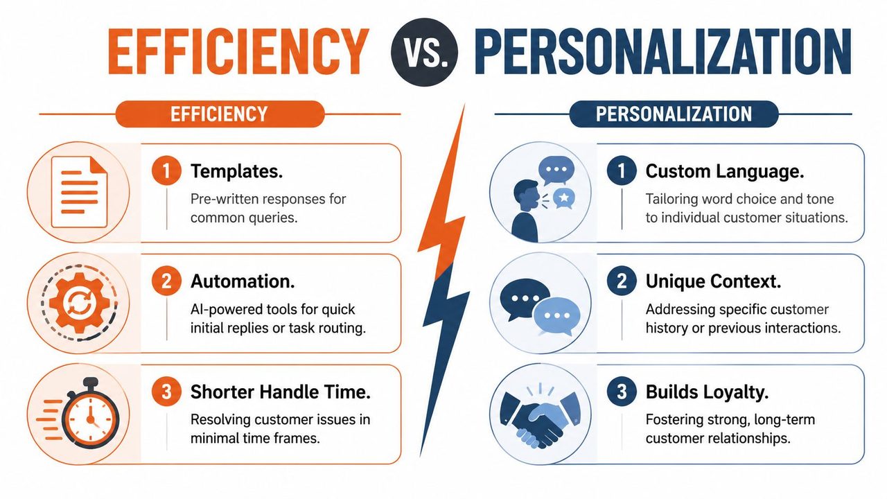 A comparison infographic showing key strategies for efficiency versus personalization in customer service business operations.