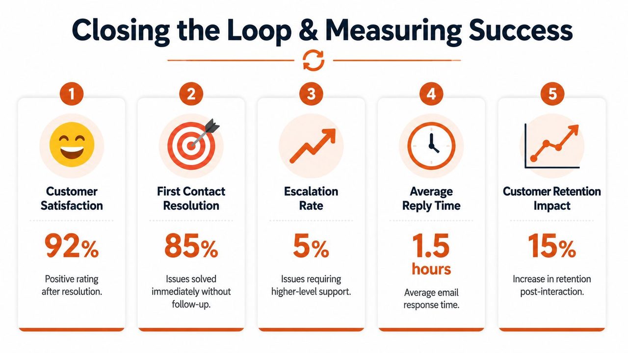 An infographic showing five key metrics for measuring customer support success including satisfaction, resolution, and retention.