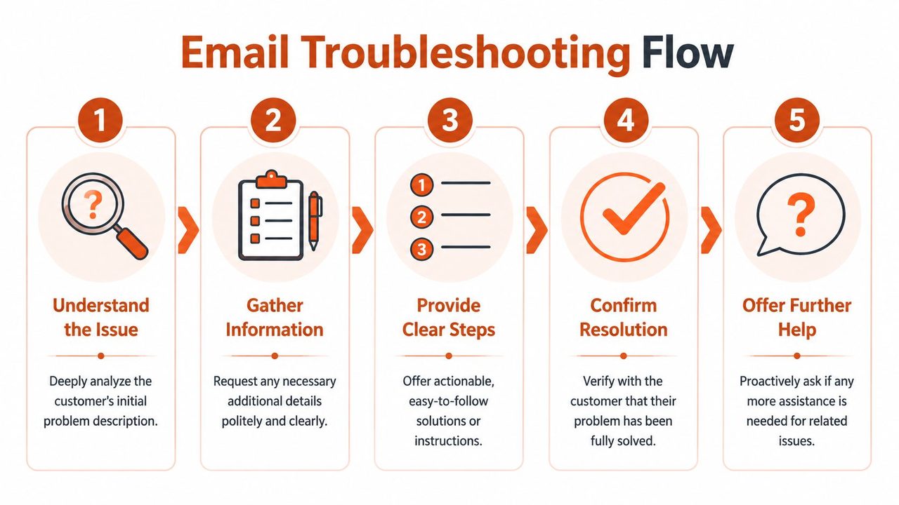 An infographic showing a five-step customer support email troubleshooting flow for resolving client issues efficiently.