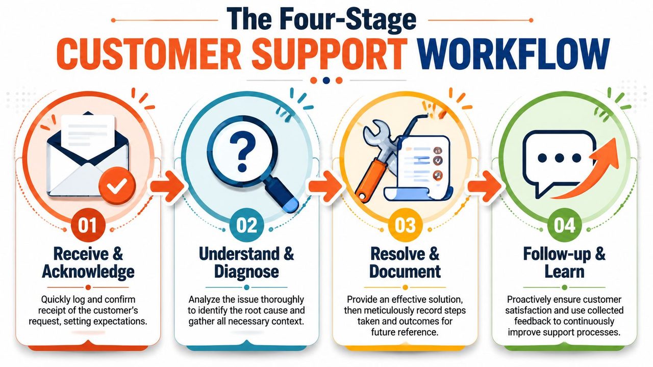 A four-stage customer support workflow infographic showing steps for receiving, diagnosing, resolving, and following up on issues.