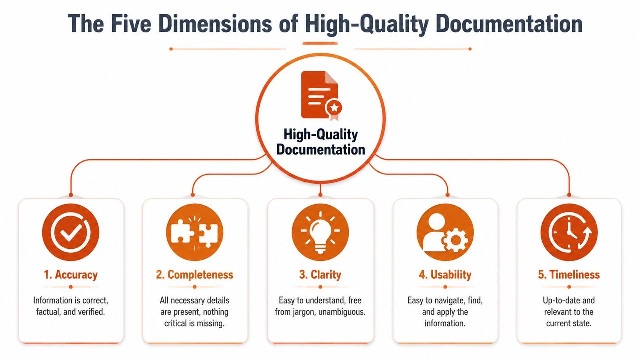A diagram outlining the five core dimensions of high-quality documentation: accuracy, completeness, clarity, usability, and timeliness.