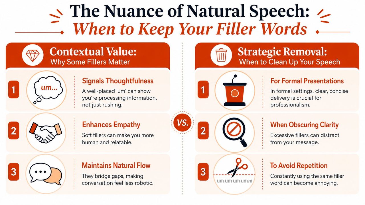 An infographic titled The Nuance of Natural Speech explaining when to use or remove filler words.