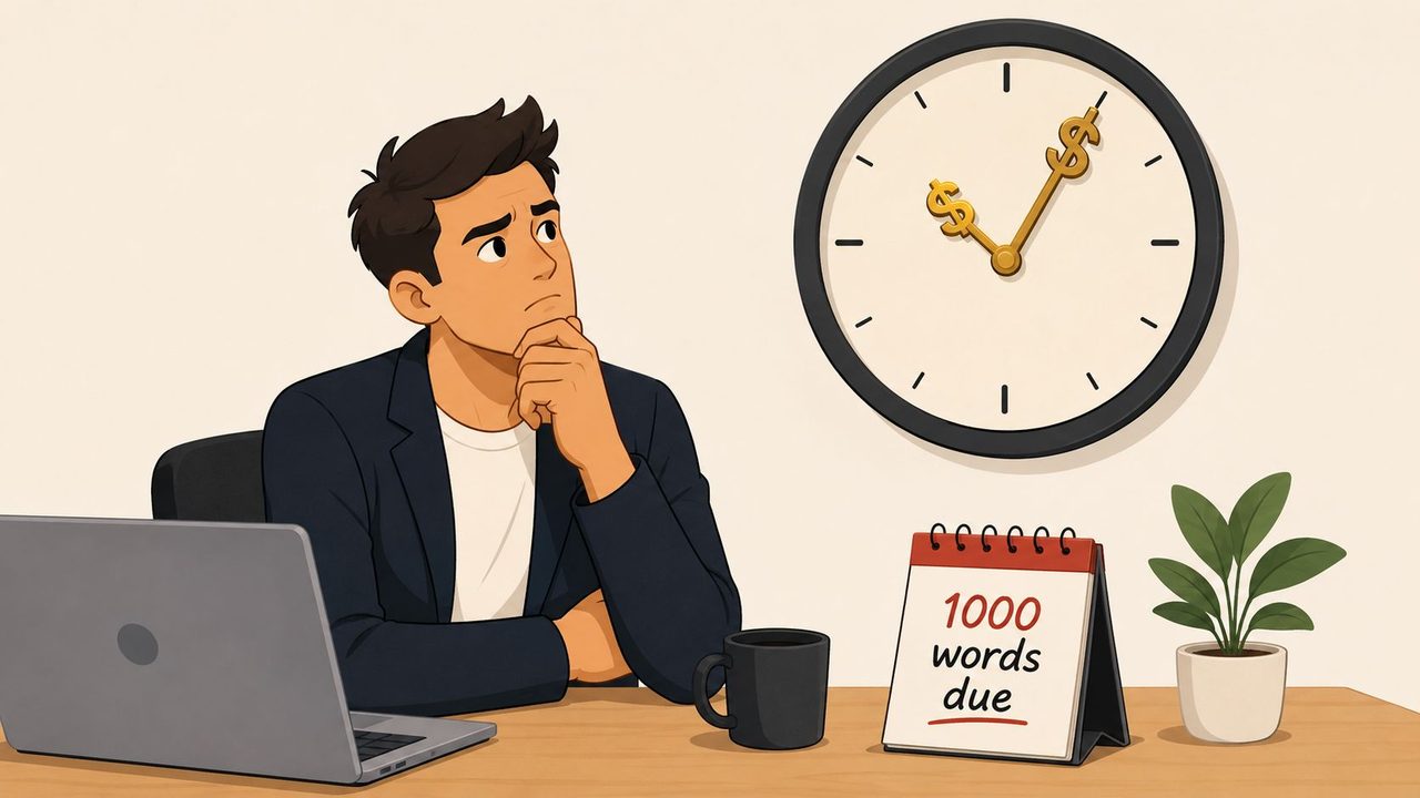 A man looks thoughtfully at a wall clock with dollar signs while facing a looming deadline.