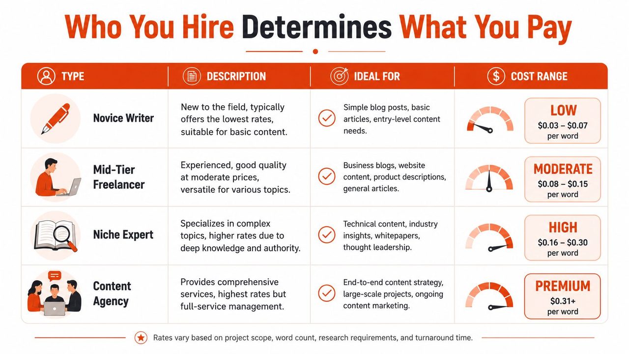 A chart comparing freelance writer types, descriptions, ideal use cases, and cost ranges per word.