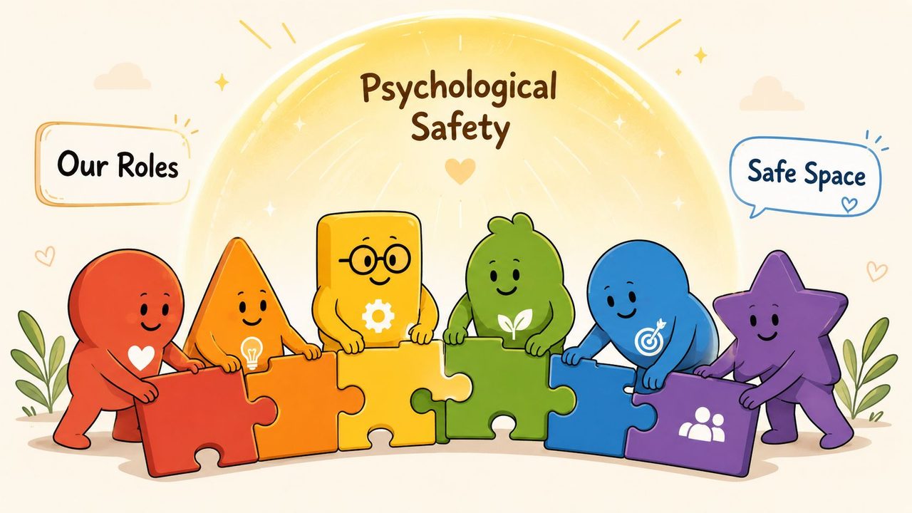 Cute cartoon characters representing psychological safety building a puzzle together to symbolize collaborative team roles.