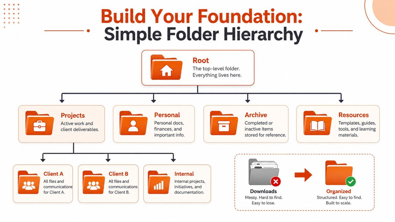 A diagram illustrating a simple digital folder hierarchy structure for better file management and organization.