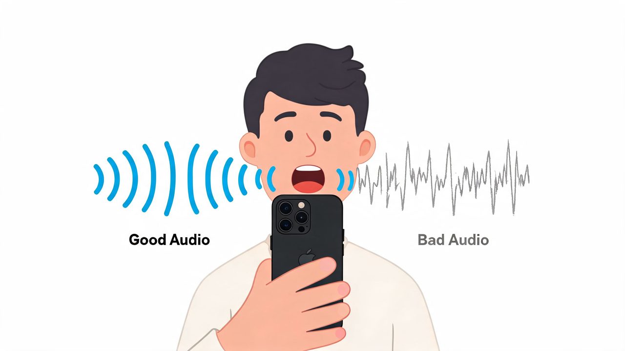 A cartoon illustration showing the difference between clear sound waves and distorted noise while using a smartphone.
