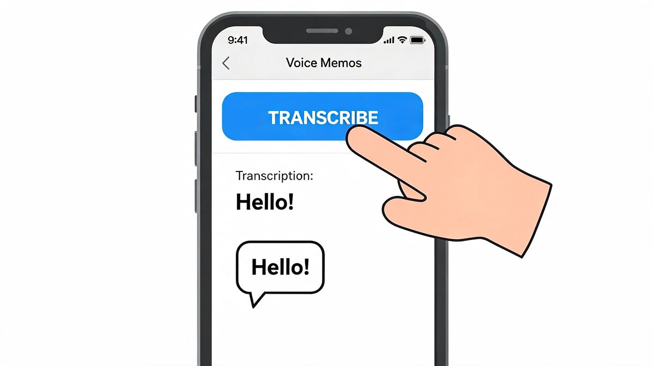 A hand taps the blue Transcribe button on an iPhone screen showing a Voice Memos app interface.