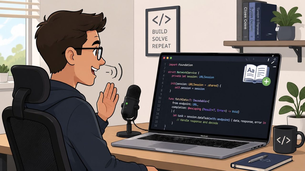 A young programmer sits at his desk using voice commands to write Swift code on his laptop.