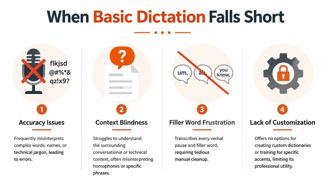 An infographic illustrating four common limitations of basic dictation software including accuracy, context, filler words, and customization.