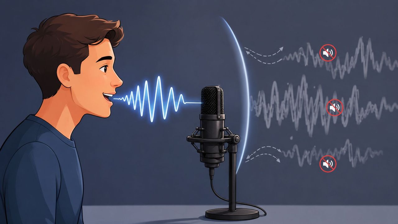 A young man speaking into a microphone with audio waves showing background noise reduction