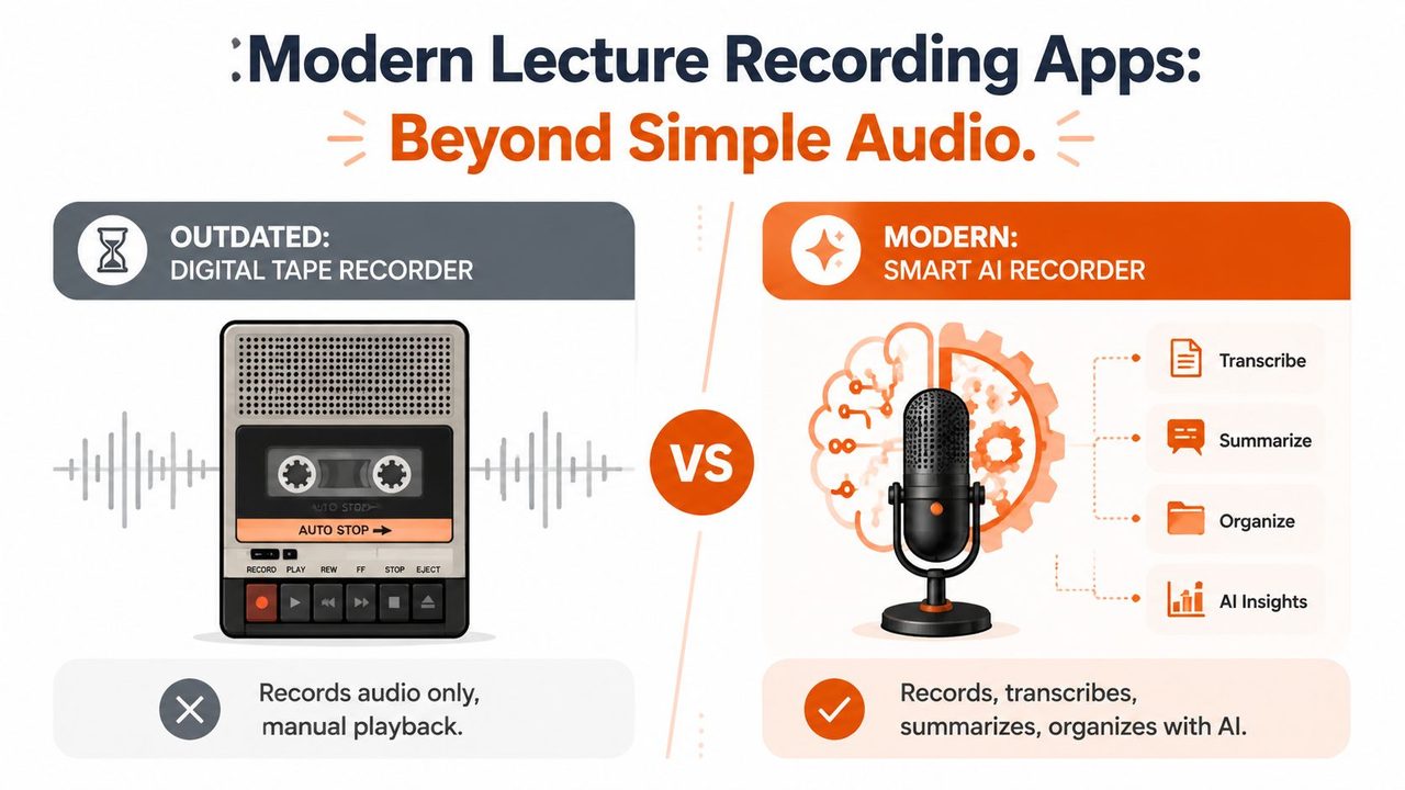 A comparative infographic showing the evolution from a basic digital tape recorder to modern smart AI recording apps.