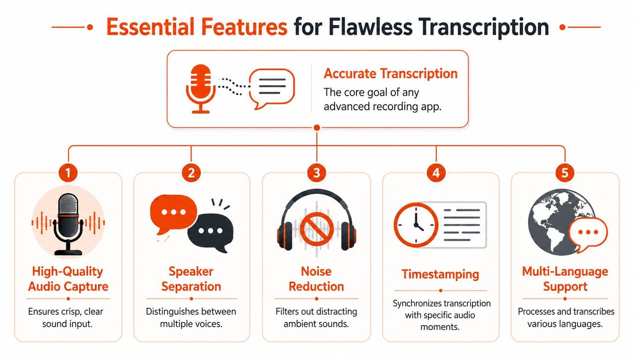 An infographic titled Essential Features for Flawless Transcription showing key functions for accurate audio recording and processing.
