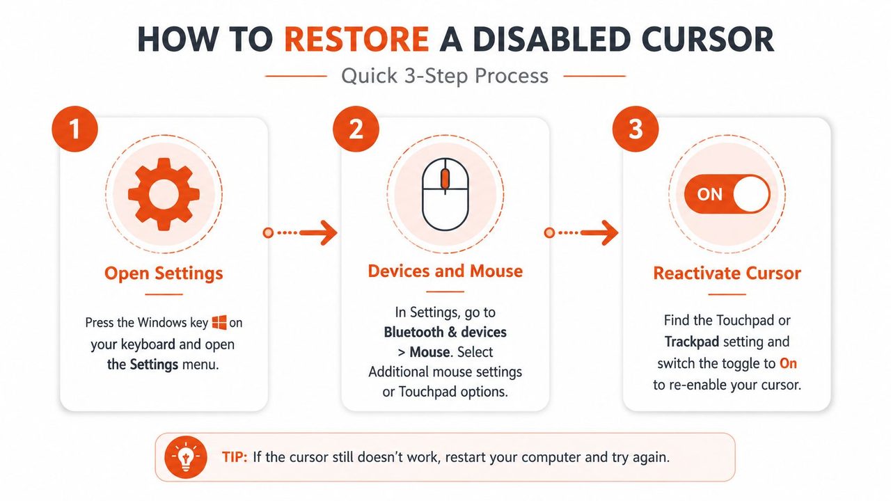 An infographic showing a three-step process to restore a disabled computer mouse or trackpad cursor.