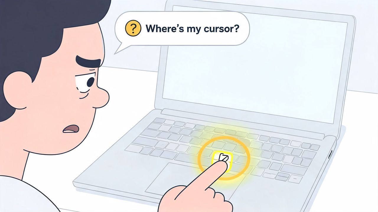 A cartoon man looking confused at a laptop screen while pressing a keyboard key to find his cursor.