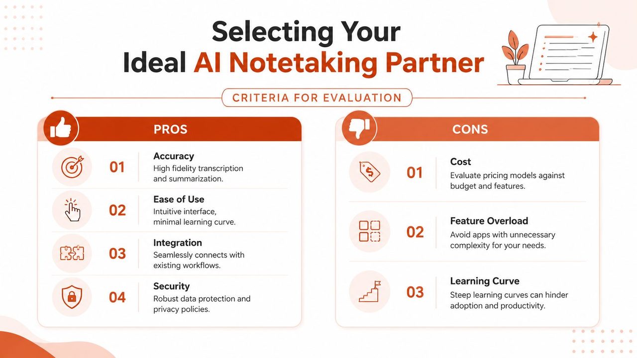 A visual guide outlining key pros and cons for choosing the ideal AI-powered meeting note taking software.