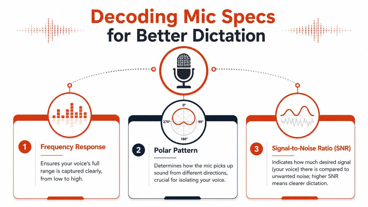 An infographic titled Decoding Mic Specs for Better Dictation, explaining frequency response, polar pattern, and signal-to-noise ratio.