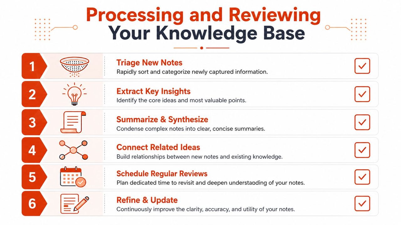 An infographic showing a six-step process for organizing and reviewing personal knowledge base notes efficiently.