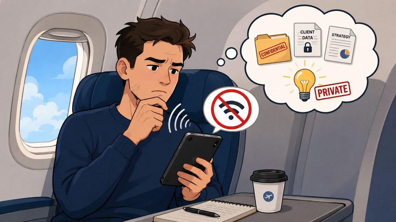 A concerned traveler sitting on an airplane looking at a device with a no wifi symbol.