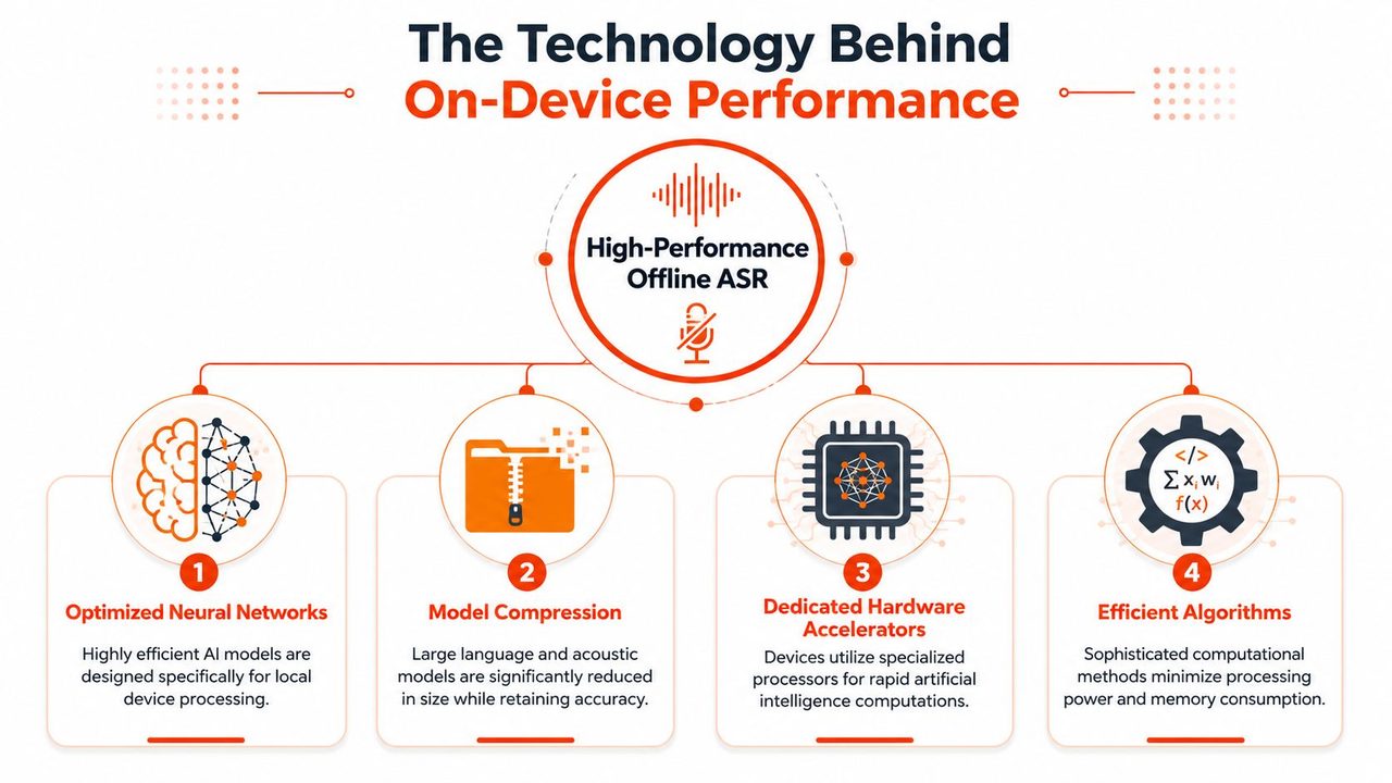 A diagram explaining the four key technologies behind high-performance on-device offline speech recognition and processing.