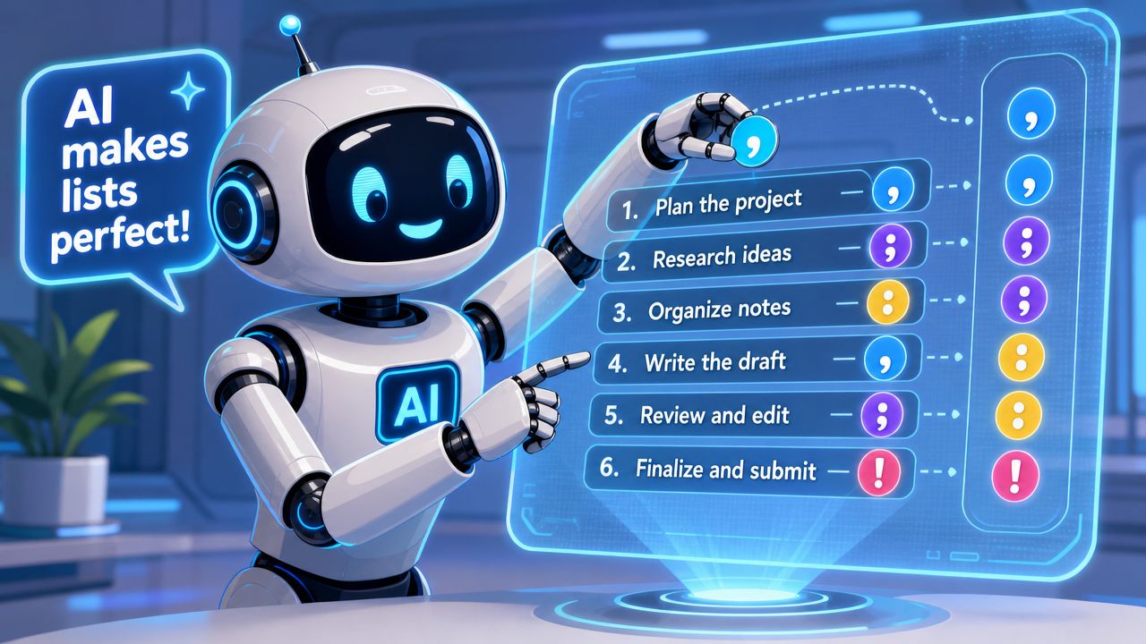 A friendly white robot interacting with a digital display list showing correct punctuation marks for professional writing.