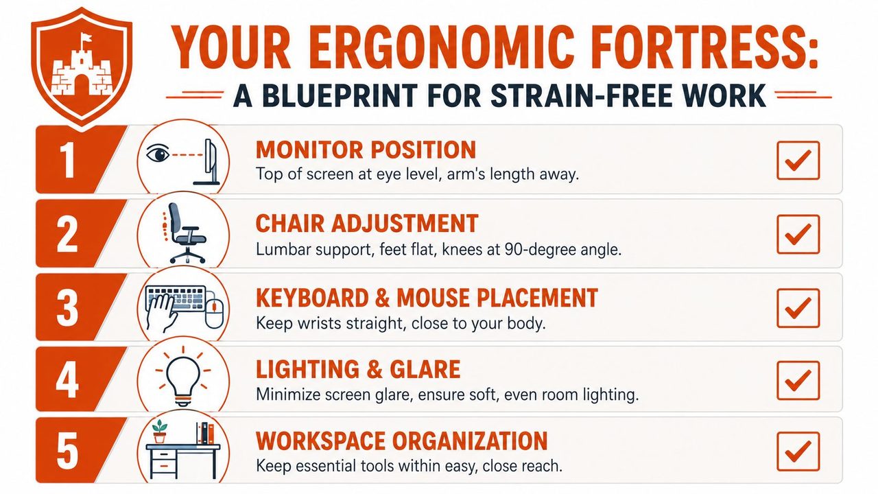 An infographic titled Your Ergonomic Fortress showing five key steps for maintaining a healthy workspace.
