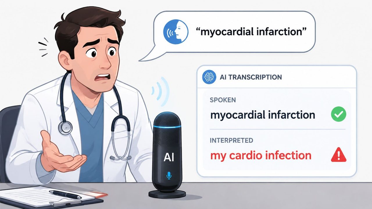 A concerned doctor looking at an AI device that incorrectly interpreted his speech about a medical condition.