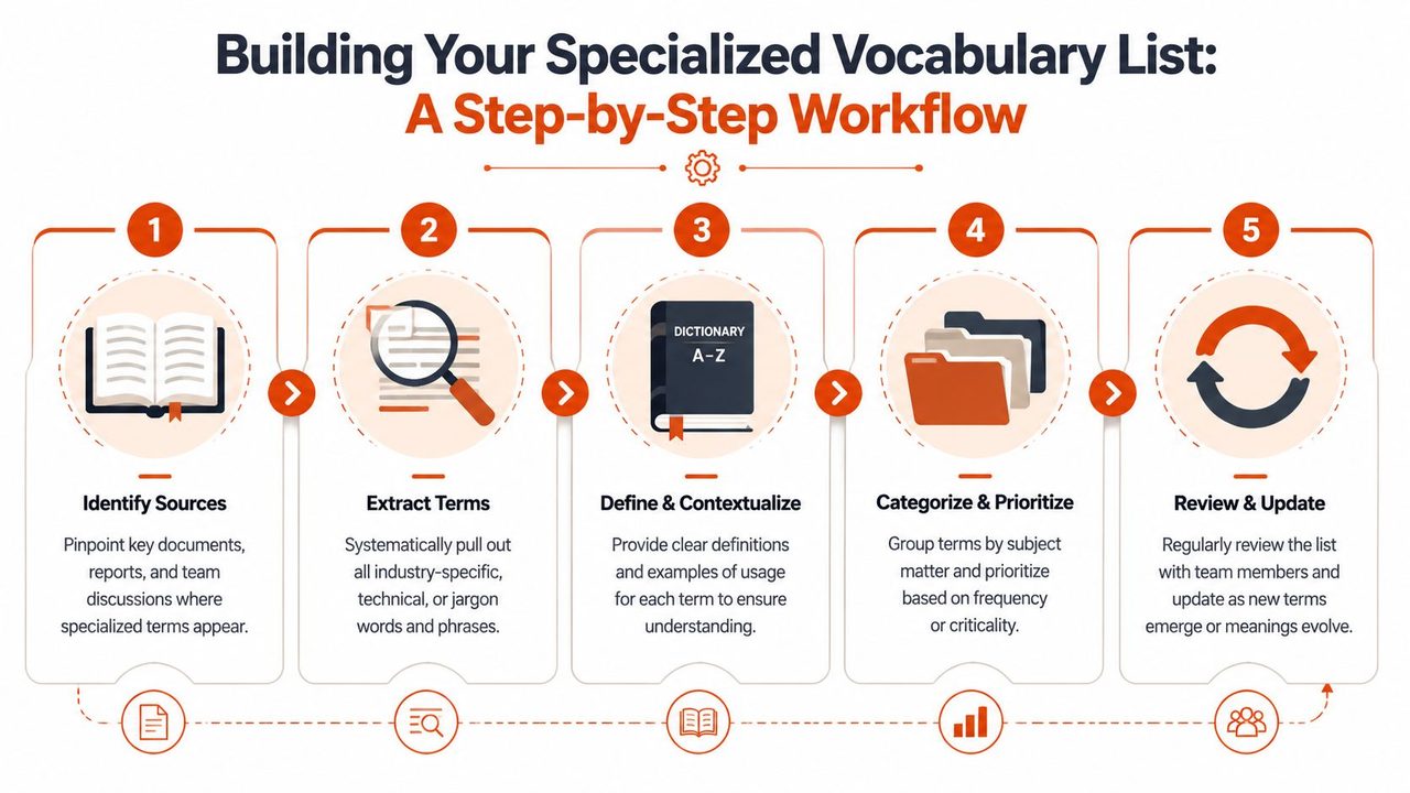 A five-step workflow infographic for building a specialized vocabulary list in a professional or educational setting.