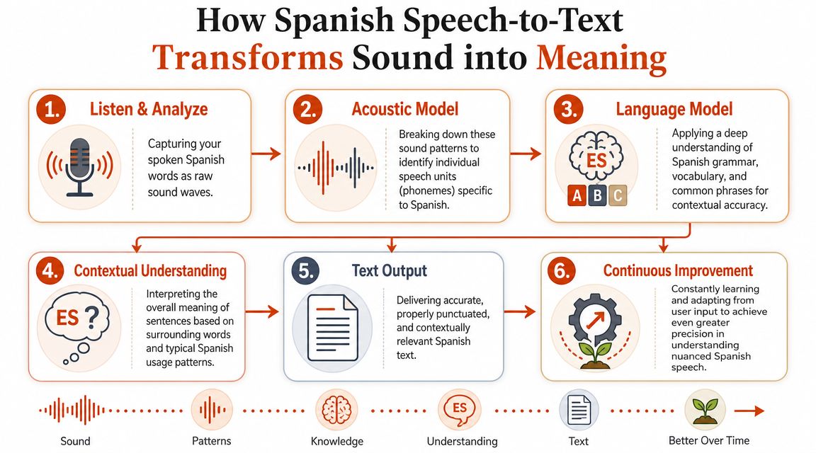 A six-step infographic explaining how Spanish speech-to-text technology transforms spoken sound into accurate written meaning.