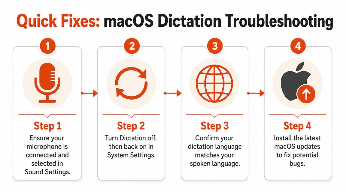 A four-step infographic illustrating quick troubleshooting solutions for macOS dictation issues including checking mic and system settings.