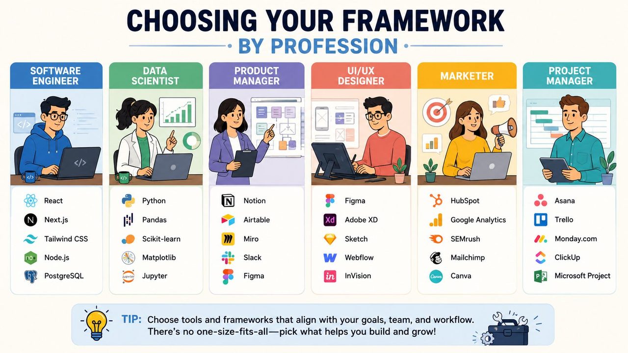 A professional infographic illustrating the best software tools and frameworks for different job roles and professions.