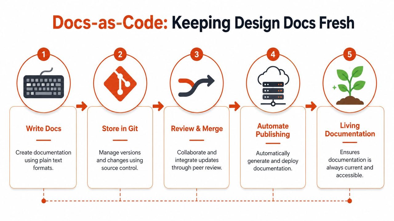 A five-step infographic showing the Docs-as-Code process for keeping system design documentation fresh and updated.