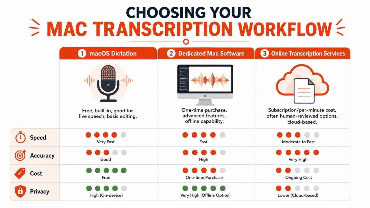 A comparison chart outlining three transcription methods for Mac users including dictation, software, and online services.