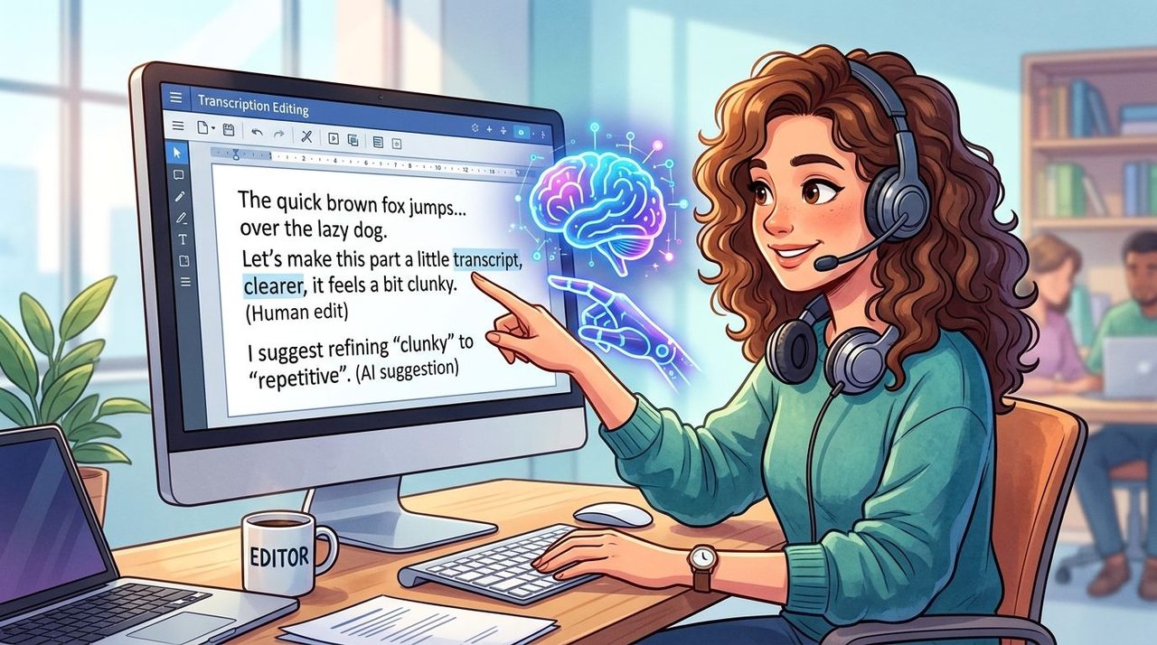 A woman working on transcription editing on her computer while receiving AI suggestions in a bright office.