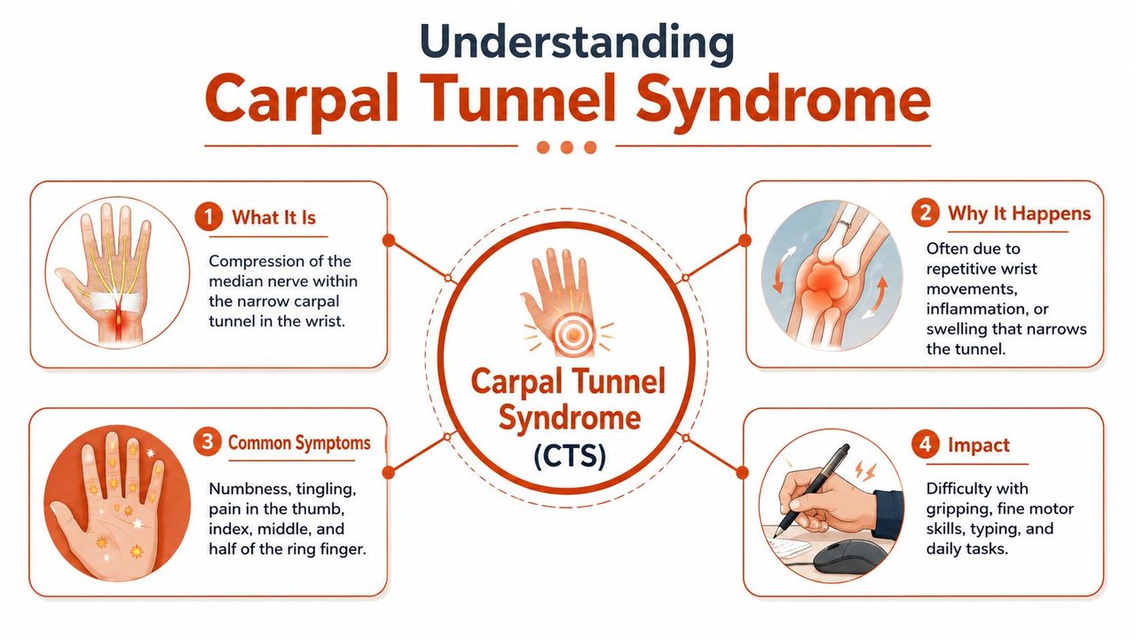 An infographic explaining Carpal Tunnel Syndrome covering its definition, causes, common symptoms, and daily life impact.