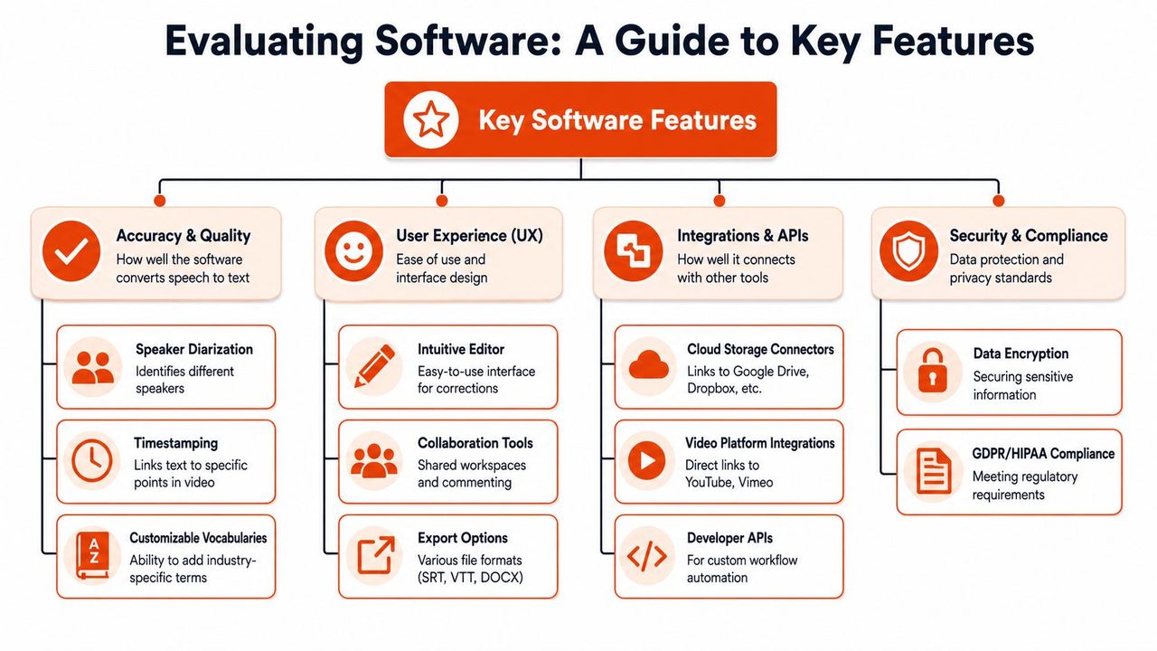 A flowchart infographic titled Evaluating Software: A Guide to Key Features, showing essential components of transcription software.